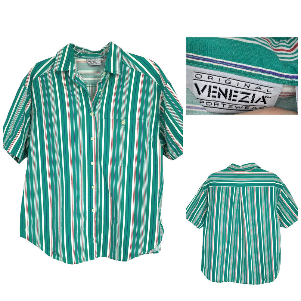 Vtg 1980's Venezia Sz 14/16 Multicolor Striped Short Sleeve Camp Shirt Hong Kong